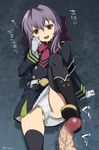  black_footwear black_legwear boots brown_eyes footjob gloves highres hiiragi_shinoa mudou_eichi owari_no_seraph panties penis purple_hair school_uniform shoejob solo_focus thighhighs underwear white_panties 