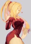 1girl bare_shoulders blonde_hair breasts dress elbow_gloves gloves long_hair looking_at_viewer online_neet ponytail red_dress red_gloves short_dress shynesslady simple_background skin_tight solo star_ocean star_ocean_the_second_story strapless very_long_hair 