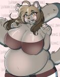  anthro belly big_belly big_breasts blush breasts clothed clothing digital_media_(artwork) felid female hair hi_res huge_breasts mammal nipple_outline overweight pantherine simple_background snow_leopard solo unknownbunni 