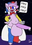  anthro apollysabyss balls big_balls big_penis bodily_fluids bottomless clothed clothing condom cum dialogue english_text filled_condom genital_fluids genitals gynomorph huge_balls hyper hyper_balls hyper_genitalia intersex jester marx_(kirby) multicolored_eyes partially_clothed penis sexual_barrier_device slightly_chubby solo text 