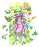  1girl blonde_hair bow_(weapon) creature forehead_jewel full_body green_background green_footwear hat highres leaf long_hair meredy nijigami_rin pantyhose pink_shirt purple_eyes purple_hair quickie shirt shoes shorts sleeveless sleeveless_shirt smile sylph_(tales) tales_of_(series) tales_of_eternia tan twintails weapon white_legwear 