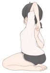  1girl 1ssakawaguchi absurdres barefoot black_hair black_shorts from_behind highres ichika_(1ssakawaguchi) original seiza shirt short_shorts short_sleeves shorts simple_background sitting solo stretching white_background white_shirt 