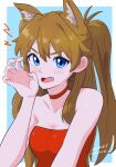  1girl absurdres angry animal_ears blue_eyes breasts brown_hair cat_ears choker cleavage collarbone dress fang highres medium_breasts neon_genesis_evangelion red_dress solo souryuu_asuka_langley strapless strapless_dress tsunemoku twintails v-shaped_eyebrows 