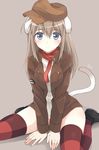  animal_ears bad_id bad_pixiv_id blue_eyes blush breasts brown_hair cat_ears hat jacket long_hair looking_at_viewer medium_breasts mobu scarf simple_background sitting smile solo striped striped_legwear tail thighhighs wariza wilma_bishop world_witches_series 