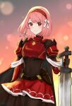  1girl absurdres armor bodystocking braid cape covered_navel crop_top fire_emblem fire_emblem_engage grey_hairband hairband highres holding holding_sword holding_weapon lapis_(fire_emblem) otokajife pink_eyes pink_hair red_armor red_cape red_hairband red_skirt ribbon side_braid skirt solo sword two-tone_hairband weapon white_ribbon 