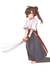  1girl absurdres ahoge barefoot blush bright_pupils brown_eyes brown_hair chinese_commentary closed_mouth commentary_request dougi full_body hair_bun hakama hakama_skirt highres holding holding_sword holding_weapon japanese_clothes kuma-bound long_hair looking_at_viewer motion_blur original ponytail sheath simple_background skirt solo standing sword toes weapon white_background white_pupils 