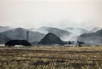  building cloud cloudy_sky day farm field fog highres mouen_tw mountain mountainous_horizon no_humans original painting_(medium) rural scenery sky traditional_media transmission_tower watercolor_(medium) white_sky 