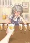  1girl 1other absurdres beer_mug blue_eyes blush commentary_request cup drunk grey_hair highres indoors izayoi_sakuya looking_at_viewer maid maid_headdress meme mug pov_cheek_grabbing_(meme) short_hair short_sleeves solo_focus tofuandsoup touhou twitter_username 