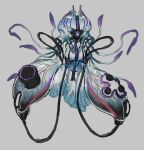  1girl blue_tongue breasts colored_tongue controller core d-pad electric_plug facing_viewer fangs full_body game_controller grey_background highres jellyfish_girl jiz_(pffbq) joystick large_breasts monster_girl no_eyes open_mouth original playstation_controller see-through_body simple_background solo tentacles 