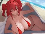  1girl beach bikini blurry blurry_background breasts cleavage closed_mouth commentary_request hair_intakes highres horizon huge_breasts looking_at_viewer lying moriforest1040 ocean on_side onozuka_komachi outdoors red_bikini red_eyes red_hair smile solo swimsuit touhou two_side_up 