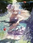  apple blonde_hair bug butterfly flower food frilled_shirt_collar frills fruit hair_flower hair_ornament insect jewelry layered_skirt left_mouse long_hair looking_at_viewer midriff navel necklace original pointy_ears smile solo tree underwater yellow_eyes 