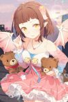  1girl absurdres asami-chan blurry blurry_background blush breasts brown_hair choker cleavage demon_girl detached_sleeves dress frilled_dress frills highres horns looking_at_viewer medium_breasts multicolored_clothes original pink_choker pointy_ears ribbon solo stuffed_animal stuffed_toy teddy_bear yellow_eyes 