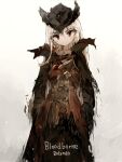  1girl artist_name bad_id bad_pixiv_id belt black_coat bloodborne coat cutoffs english_text light_smile long_hair looking_at_viewer pants qtonagi red_eyes simple_background solo standing white_background white_hair 