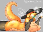  anthro big_breasts big_hat breasts cigar cigar_smoke cigarette cigarette_in_mouth clothing cobra digital_media_(artwork) female geckos_lover gloves handwear hat headgear headwear hi_res mature_anthro mature_female non-mammal_breasts nude object_in_mouth orange_body raquel_(yairo) reptile scales scalie serpentine simple_background smoke snake snake_hood solo tail thick_thighs yairo yellow_eyes 
