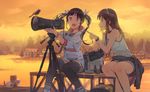  binoculars bird black_hair blue_eyes brand_name_imitation brown_hair camera daurian_redstart ddal dock highres lake long_hair multiple_girls open_mouth original red_eyes revision short_hair shorts skirt sunset symbol-shaped_pupils tareme thighhighs tripod twintails zettai_ryouiki 