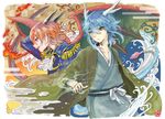  antlers blue_eyes blue_hair breathing_fire dragon_boy dragon_tail dragon_wings epaulettes fangs fire horns hotathino japanese_clothes kimono male_focus monster_boy multiple_boys original personification red_hair seiyouryuu-san tail touyouryuu-san twitter_username wings yellow_eyes 