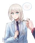  2girls ak-12_(girls&#039;_frontline) ak-12_(lucia)_(girls&#039;_frontline) an-94_(antje)_(girls&#039;_frontline) an-94_(girls&#039;_frontline) arianaleonardo blonde_hair blue_eyes blue_necktie blue_suit chinese_commentary closed_mouth collared_shirt commentary_request dated girls&#039;_frontline highres long_hair long_sleeves multiple_girls necktie official_alternate_costume out_of_frame ponytail shirt simple_background spoken_blush suit unworn_eyewear upper_body white_background white_shirt 