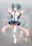  boots collar elbow_gloves fingerless_gloves gloves green_eyes green_hair hatsune_miku long_hair necktie shiomizu_(swat) skirt smile solo standing standing_on_one_leg thigh_boots thighhighs twintails very_long_hair vocaloid 