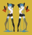  2girls arms_up bad_id bad_pixiv_id black_skirt blue_hair detached_sleeves full_body hatsune_miku long_hair mirror_twins multiple_girls sentakki shapes shirt simple_background skirt smile thighhighs twintails twisted_torso very_long_hair vocaloid 