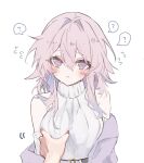  1girl ? @_@ alternate_costume blue_eyes blush breasts commentary grabbing_own_breast highres honkai:_star_rail honkai_(series) jacket looking_at_viewer march_7th_(honkai:_star_rail) meme miss_itata off_shoulder parted_lips pink_eyes pink_hair pov_cheek_grabbing_(meme) purple_jacket ribbed_sweater simple_background solo_focus spoken_question_mark sweater symbol-only_commentary turtleneck turtleneck_sweater two-tone_eyes upper_body white_background white_sweater 