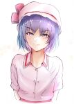  1girl absurdres blush bow closed_mouth collared_shirt cookie_(touhou) flat_chest hat hat_bow highres hisaka_(cookie) kuroibarabara looking_at_viewer mob_cap pink_shirt purple_eyes purple_hair remilia_scarlet shirt short_hair short_sleeves simple_background solo touhou upper_body white_background 