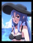  1girl absurdres bare_shoulders bikini black_bikini black_border black_hat blue_eyes blue_hair blue_sky blurry blurry_background blush border braid breasts cleavage cloud collarbone commentary_request dated day depth_of_field fate/grand_order fate_(series) frilled_bikini frills hat highres long_hair looking_at_viewer medea_(fate) medium_breasts open_mouth outdoors pointy_ears sky solo sweat swimsuit upper_body water yuya090602 