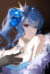  1girl black_gloves blue_dress blue_eyes blue_flower blue_hair closed_mouth commentary_request crown dark_background dress feather_boa flower gloves hair_between_eyes hair_flower hair_ornament highres hololive hoshimachi_suisei jewelry long_hair looking_at_viewer mini_crown necklace phos_(s_phos) side_ponytail smile solo strapless strapless_dress upper_body virtual_youtuber 