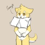  ambiguous_gender anthro apologizing_to_viewer apology bruno_borker canid canine canis chewing domestic_dog embarrassed head_tuft hi_res mammal multicolored_body pillow solo tail torn_pillow tuft two_tone_body two_tone_tail white_body yellow_body yellow_eyes 