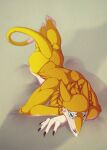 anthro blue_eyes butt digital_media_(artwork) fur hi_res long_tail lying male multicolored_body multicolored_fur nude on_front sergal sergaljujube solo tail two_tone_body two_tone_fur white_body white_fur yellow_body yellow_fur