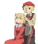  aki_minoriko aki_shizuha apron blonde_hair blush bow bowtie chair dress grin hasebe_yuusaku hat leaf leaf_on_head long_sleeves looking_at_another looking_down looking_up mob_cap multiple_girls one_eye_closed open_mouth red_dress red_eyes shirt short_hair siblings simple_background sisters sitting skirt smile sweatdrop touhou white_background wide_sleeves yellow_eyes 