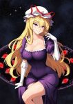  1girl absurdres black_background blonde_hair breasts cleavage closed_mouth commentary crossed_legs dress elbow_gloves english_commentary gloves hat hat_ribbon highres large_breasts long_hair looking_at_viewer mob_cap purple_dress purple_eyes red_ribbon ribbon short_sleeves simple_background sitting smacphadraig smile solo touhou white_gloves white_hat yakumo_yukari 