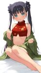  1girl bare_legs bare_shoulders barefoot black_hair blue_eyes blush breasts commentary_request crop_top green_kimono hair_rings highres japanese_clothes kimono long_hair looking_at_viewer monk_(sekaiju) monk_2_(sekaiju) mya-zawa navel open_clothes open_kimono red_shirt sekaiju_no_meikyuu sekaiju_no_meikyuu_3 shirt simple_background sitting sleeveless sleeveless_shirt small_breasts smile solo twintails 