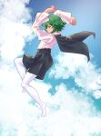  1girl androgynous antennae black_cape black_shorts blue_sky blush cape closed_mouth cloud commentary_request day eggprotain full_body green_eyes green_hair highres jumping long_sleeves no_shoes paid_reward_available pantyhose pantyhose_under_shorts shirt short_hair shorts sky smile solo touhou white_pantyhose white_shirt wriggle_nightbug 