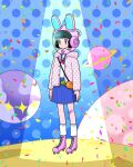  1girl arms_at_sides bandaid bandaid_on_leg black_hair blue_skirt food-themed_bag fujishima_moyu full_body helmet highres hood hooded_jacket jacket long_sleeves neckerchief original pink_jacket planet pleated_skirt polka_dot polka_dot_background red_neckerchief roller_skates school_uniform shirt short_hair skates skirt socks solo space_helmet spotlight standing white_shirt white_socks 