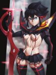  1girl black_hair blue_eyes breasts highres kamui_(kill_la_kill) kill_la_kill life_fiber living_clothes looking_at_viewer matoi_ryuuko medium_breasts multicolored_hair red_hair revealing_clothes scissor_blade_(kill_la_kill) senketsu short_hair skylock solo streaked_hair suspenders sword two-tone_hair underboob weapon 