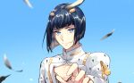  1boy bishounen black_hair blue_eyes blue_sky blunt_bangs blunt_ends bob_cut bruno_bucciarati cleavage_cutout closed_mouth clothing_cutout collared_shirt day feathers fingernails hair_ornament jojo_no_kimyou_na_bouken lace_trim light_particles long_hair looking_at_viewer male_focus outdoors outstretched_hand pectoral_cleavage pectorals reaching shirt short_hair sky smile solo tiyi_(tiyi_a09) upper_body vento_aureo white_shirt zipper zipper_pull_tab 