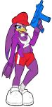  beak blue_eyes bottomwear breasts chest_tuft cleavage clothed clothing cosplay costume female footwear gun hat headgear headwear hi_res jacket looking_at_viewer midriff oblivionrising purple_body ranged_weapon sega seth65 shirt shoes shorts smile solo sonic_riders sonic_the_hedgehog_(series) tail topwear tuft wave_the_swallow weapon zombies_ate_my_neighbors 