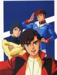  1980s_(style) 3boys amuro_ray black_eyes blue_eyes blue_hair brown_hair crossed_arms earth_federation green_eyes gundam gundam_zz head_tilt highres jacket judau_ashta kamille_bidan key_visual looking_at_viewer magazine_scan military mobile_suit_gundam multiple_boys official_art onda_naoyuki open_mouth promotional_art red_hair retro_artstyle salute scan sweater traditional_media uniform zeta_gundam 