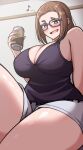  1girl bare_shoulders beer_can black-framed_eyewear black_tank_top blush breasts brown_eyes brown_hair can cleavage drink_can drunk from_behind glasses highres holding holding_can kaii_to_otome_to_kamikakushi kiteman442 large_breasts looking_at_viewer mole mole_under_eye musical_note ogawa_sumireko open_mouth shiny_skin shirt shorts sleeveless sleeveless_shirt smile solo tank_top thick_eyebrows thick_thighs thighs white_shorts 