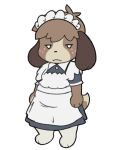  2024 3_fingers 3_toes animal_crossing anthro barefoot brown_body brown_fur brown_hair clothed clothing crossdressing digby_(animal_crossing) feet fingers freckles fur hair half-closed_eyes looking_at_viewer maid_uniform male narrowed_eyes nintendo oofmasterxd simple_background solo tail toes uniform unimpressed white_background 
