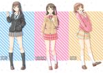  black_legwear blazer brown_eyes brown_hair cardigan character_name diagonal_stripes green_eyes hands_in_pockets honda_mio hood hooded_track_jacket idolmaster idolmaster_cinderella_girls jacket kneehighs loafers long_hair miri_(ago550421) multiple_girls open_mouth pleated_skirt school_uniform shibuya_rin shimamura_uzuki shoes short_hair skirt smile sparkle striped striped_background track_jacket white_legwear 