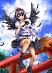  belt black_hair black_legwear black_skirt black_wings buttons cloud fan feathers flying geta hat hauchiwa pencil shameimaru_aya short_hair skirt smile solo tengu tengu-geta tokin_hat torii touhou wings yossyzero 