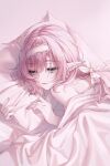  1girl absurdres amaroku_neko blanket blue_eyes bow commentary elysia_(honkai_impact) english_commentary hair_ribbon hair_tie hairband highres holding holding_pillow honkai_(series) honkai_impact_3rd long_hair looking_at_viewer on_bed pastel_colors pillow pink_hair pink_pupils pointy_ears ribbon smile solo under_covers upper_body white_bow white_hairband white_ribbon 