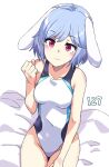  1girl animal_ears bare_legs bed_sheet blue_hair blue_one-piece_swimsuit breasts clenched_hand closed_mouth collarbone covered_navel floppy_ears from_above happy highres jack_(wkm74959) one-hour_drawing_challenge one-piece_swimsuit rabbit_ears red_eyes reisen_(touhou_bougetsushou) short_hair sitting small_breasts smile solo swimsuit touhou white_one-piece_swimsuit 
