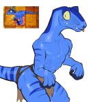  2024 4_fingers abs anthro athletic athletic_anthro athletic_male biped black_claws blep blue_body blue_scales blue_stripes bottomwear brown_bottomwear brown_clothing brown_loincloth claws clothed clothing dinosaur dromaeosaurid electronic_arts featureless_chest feet finger_claws fingers hi_res kogito loincloth loincloth_only male male_anthro markings obliques pecs pink_tongue plants_vs._zombies popcap_games pupils reference_image reptile scales scalie sharp_teeth simple_background slit_pupils snout solo standing striped_body striped_markings striped_scales striped_tail stripes tail tail_markings talons teeth theropod toes tongue tongue_out topless topless_anthro topless_male white_background yellow_sclera 