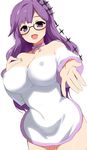  bare_shoulders black-framed_eyewear breasts cleavage covered_nipples dress fantasista_doll glasses highres kusaka_souji large_breasts madeleine_(fantasista_doll) outstretched_hand purple_eyes semi-rimless_eyewear simple_background solo under-rim_eyewear white_background white_dress 