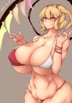  1girl bikini blonde_hair bracelet breasts cleavage closed_mouth collarbone commentary crystal_wings curvy dated dated_commentary elun_(meido) fang fingernails flandre_scarlet grey_background huge_breasts jewelry long_fingernails looking_at_viewer navel one_side_up plump pointy_ears red_bikini red_eyes red_nails simple_background skin_fang solo swimsuit touhou two-tone_bikini upper_body white_bikini 