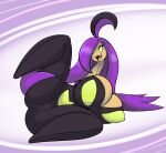  2019 ahoge anthro belly big_breasts black_clothing breasts brown_body butt cleavage clothed clothing digital_media_(artwork) eyebrows eyelashes fangs featureless_feet feet female generation_6_pokemon gourgeist hair hair_hand hi_res huge_breasts latiar long_hair long_neck lying merry_(igph) navel nintendo on_ground on_side one_eye_obstructed open_mouth pokemon pokemon_(species) pokemorph purple_hair shiny_pokemon simple_background solo spread_legs spreading teeth thick_thighs tongue wide_hips yellow_eyes 