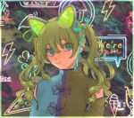  1girl alcohol animal_ears blue_eyes cable closed_mouth cupcake detached_sleeves english_text eyelashes fake_animal_ears food glitch green_hair grus_(vrchat) hair_between_eyes kotone0220 lightning_bolt_symbol long_hair long_sleeves mosaic_background neon_lights pizza smile solo speech_bubble twintails vrchat zipper 