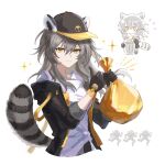  1girl animal_ears baseball_cap black_gloves black_hat black_jacket gloves grey_hair hat highres holding honkai:_star_rail honkai_(series) jacket long_hair long_sleeves lordly_trashcan_(honkai:_star_rail) multiple_views raccoon_ears raccoon_tail shirt simple_background spacelongcat stelle_(honkai:_star_rail) tail thumbs_up trailblazer_(honkai:_star_rail) trash_bag upper_body white_background white_shirt yellow_eyes 